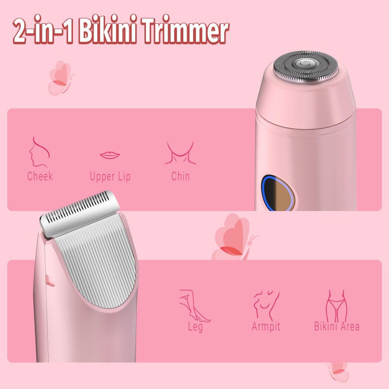 FIONOFY 2-in-1 Bikini Trimmer for Women, Bikini Shaver with Dual Heads, Body and Facial Hair Removal, Cordless Rechargeable Electric Razors for Face Chin Pubic Underarm Legs, IPX7 Waterproof, Pink - Image 2