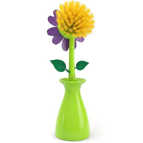 Kitchen Discovery Cute Dish Brush with Stand – Kitchen Discovery – Daisy in a Vase Brightens The Sink Area While Keeping a Kitchen Dish Brush at Hand – Fun Gift for Fans of Cute Cleaning Supplies - Image 1