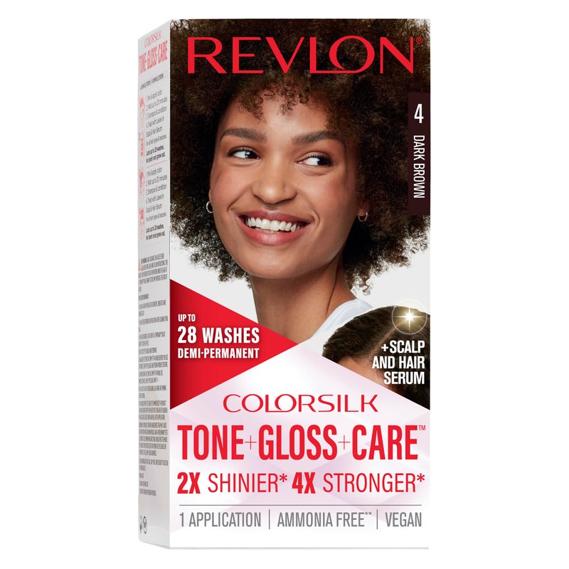 Revlon مجموعة صبغة الشعر الدائمة شبه الدائمة من ريفلون كولور سيلك تون غلوس مع سيروم العناية بفروة الرأس والشعر 2x أكثر لمعانًا 4x أقوى 4 بني داكن 45 أونصة سائلة