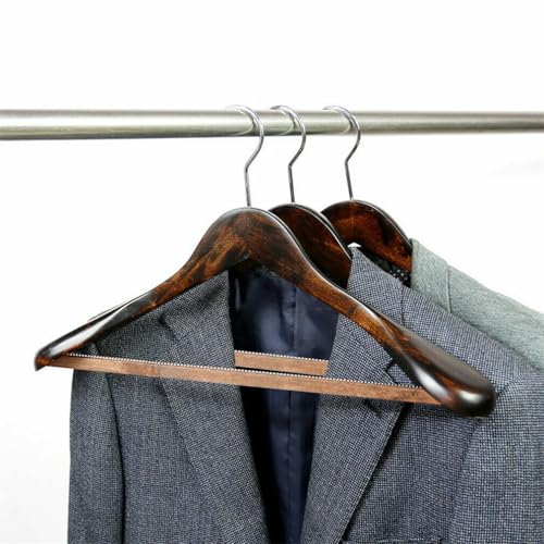 Rollyware® Anti Skid Wide Shoulder Wooden Hangers, Suit Hangers with Non Slip Pants Bar, Smooth Finish 360° Swivel Hook Solid Wood Coat Hangers for Dress, Jacket, Pants, Heavy Pack of 10(Walnut) - Image 2