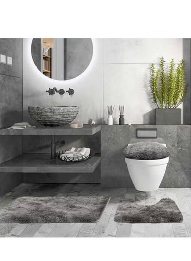 Bukela 3 Piece Bath Set, Contour Mat + Toilet Seat Cover, Super Long, Soft Microfiber, Water Absorbent Non-Slip Fast Drying Bath Mats with PVC Point Rubber Backing (Grey) - Image 1