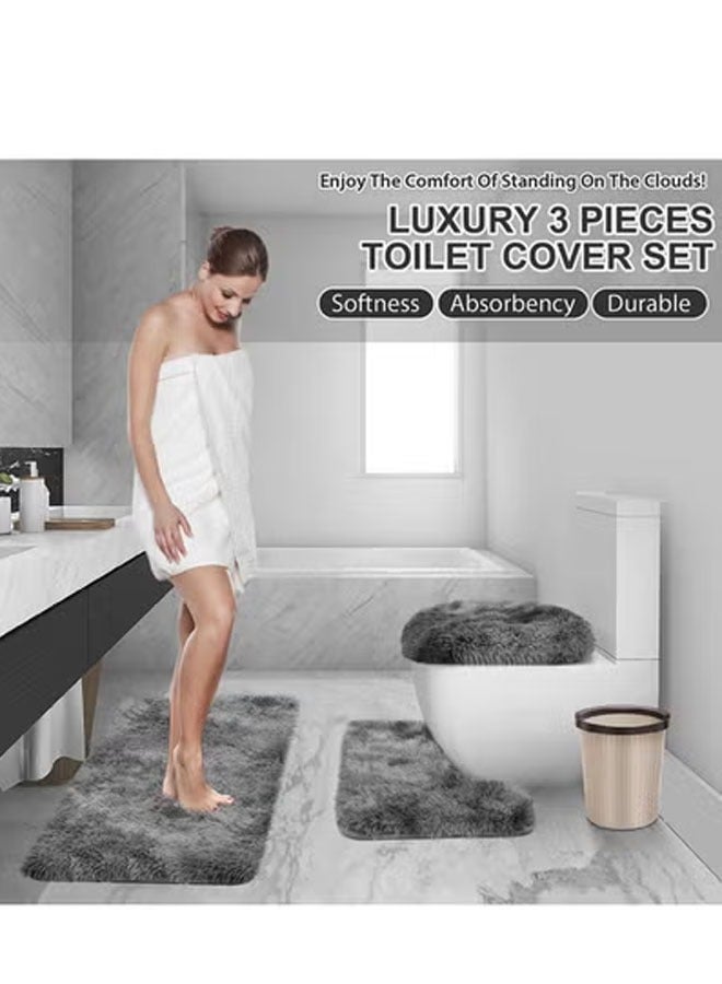 Bukela 3 Piece Bath Set, Contour Mat + Toilet Seat Cover, Super Long, Soft Microfiber, Water Absorbent Non-Slip Fast Drying Bath Mats with PVC Point Rubber Backing (Grey) - Image 2