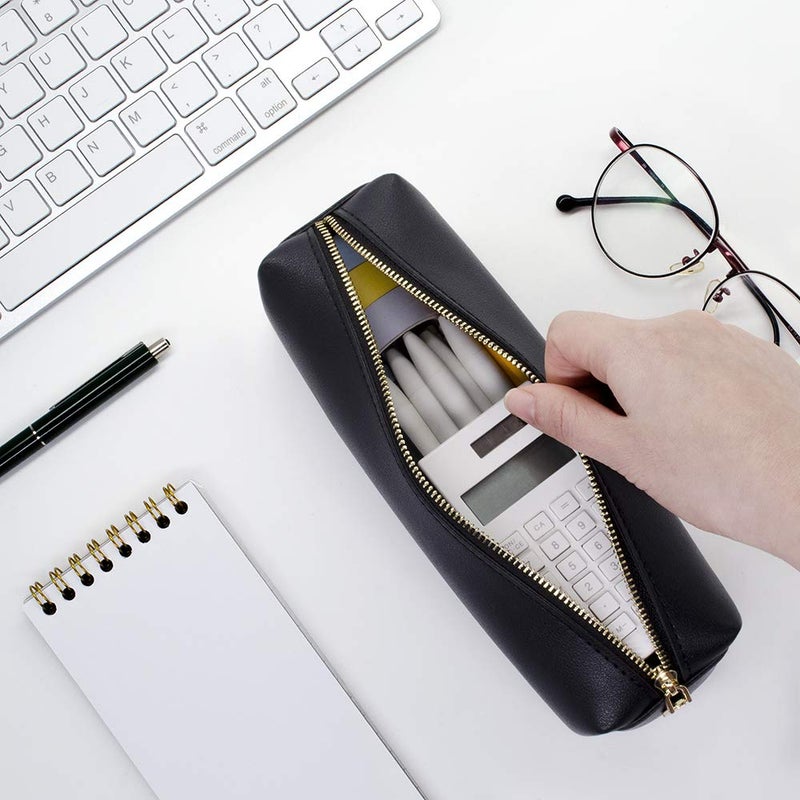 DOBMIT PU Pencil Pen Case Portable Stationery Bag Big Capacity Pencil Pouch Cosmetic Organizer Bag for Woman and Man - Black - Image 5
