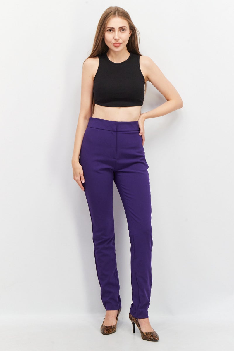 Reserved Women Regular Fit Plain Trouser Pants, Purple - Image 2