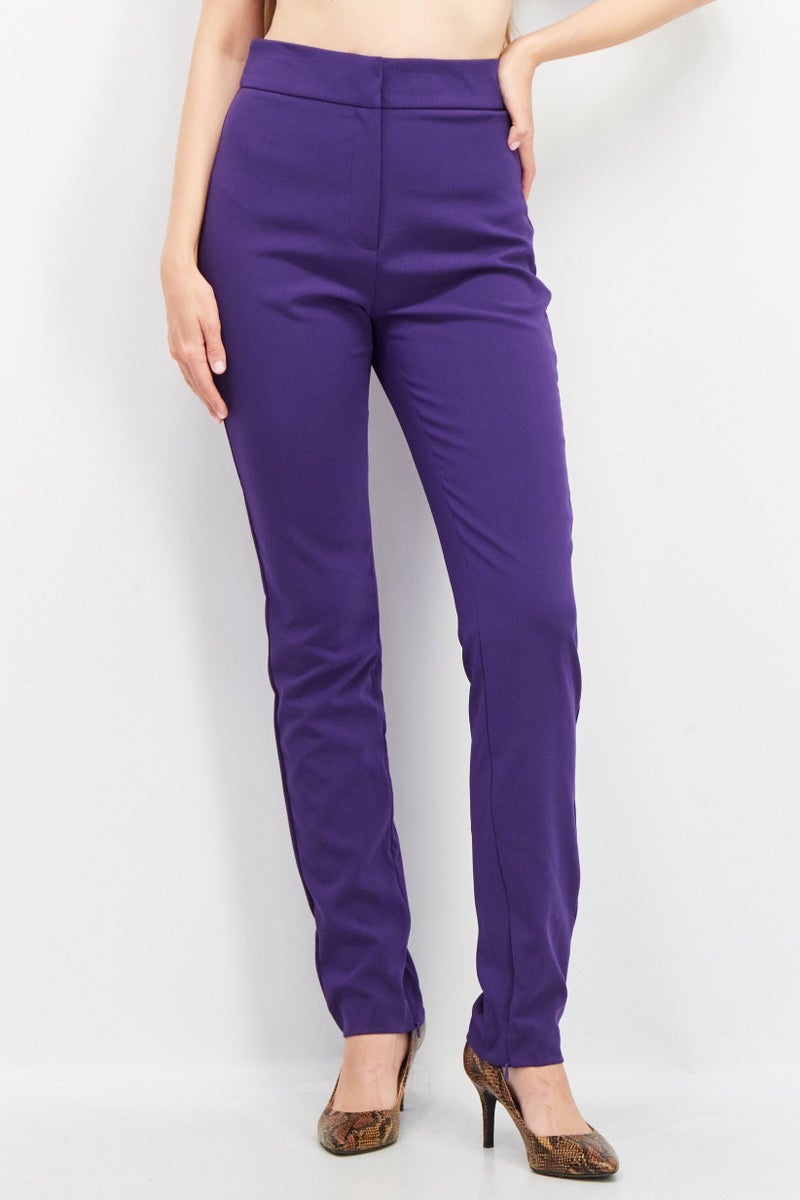 Reserved Women Regular Fit Plain Trouser Pants, Purple - Image 1