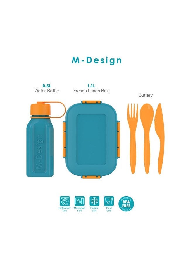 أم-ديزاين طقم حافظة الغداء + زجاجة مياه 500 ملليلتر-أزرق - Image 1