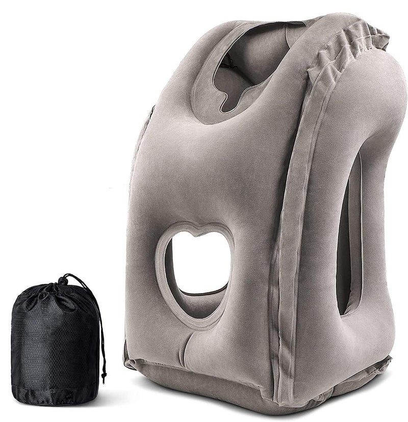 MTRoyaldia Inflatable Travel Pillow Airplane Neck Pillow Comfortably Supports Head and Chin for Airplanes Trains Cars and Office Napping Grey - Image 1