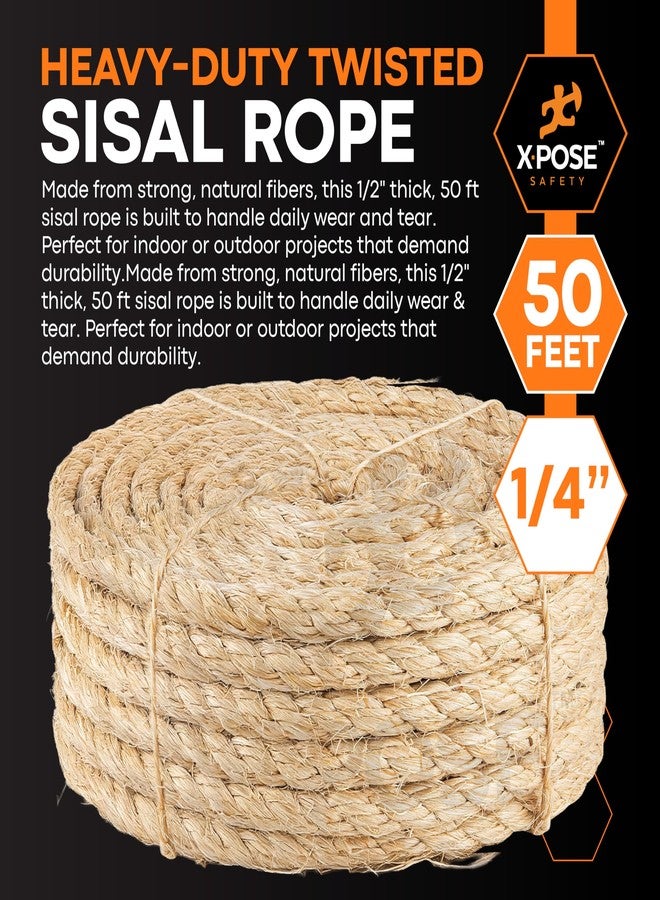 إكسبوز سايفتي حبل سيزال مجدول - 1/4 بوصة × 50 قدمًا - شديد التحمل، طبيعي بالكامل وخالٍ من المواد الكيميائية - إصلاح واستبدال أعمدة خدش القطط، أعمال يدوية، بستنة، ديكور منزلي - Image 3
