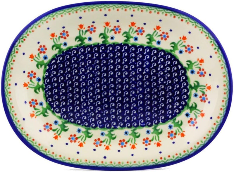 Polmedia Polish Pottery طبق بيضاوي من الفخار البولندي الأصيل 11 بوصة بتصميم زهور الربيع مصنوع يدويًا في بولسوافياك بولندا بواسطة سيراميكا بونا شهادة الأصالة - Image 1