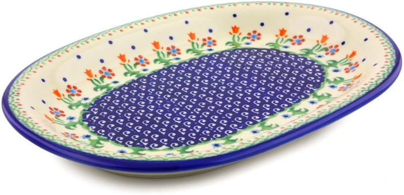 Polmedia Polish Pottery طبق بيضاوي من الفخار البولندي الأصيل 11 بوصة بتصميم زهور الربيع مصنوع يدويًا في بولسوافياك بولندا بواسطة سيراميكا بونا شهادة الأصالة - Image 2