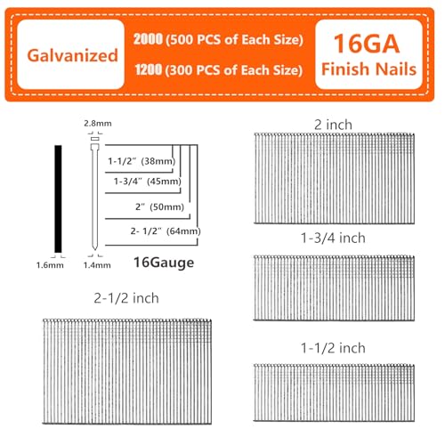 SITLDY Straight Finish Nails, 16 Gauge, 1200-Pack (1-1/2", 1-3/4", 2", 2-1/2", 300 Per Size), Galvanized, Assorted Size Project Pack - Image 2