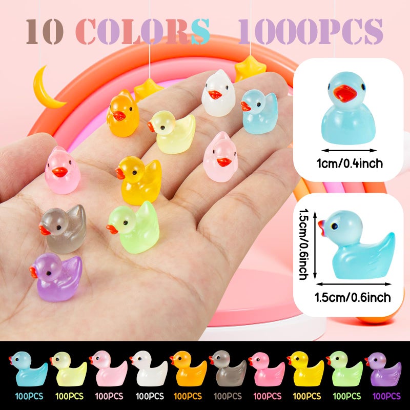 ONLYFU 1000Pcs Luminous Mini Resin Duck Tiny Duck Figurine for Fairy Garden Landscape Aquarium Potted Plant Prank Game DIY Ornament Party to Hide, Miniature Dollhouse Accessories, Glow in The Dark, 10 Colors - Image 2