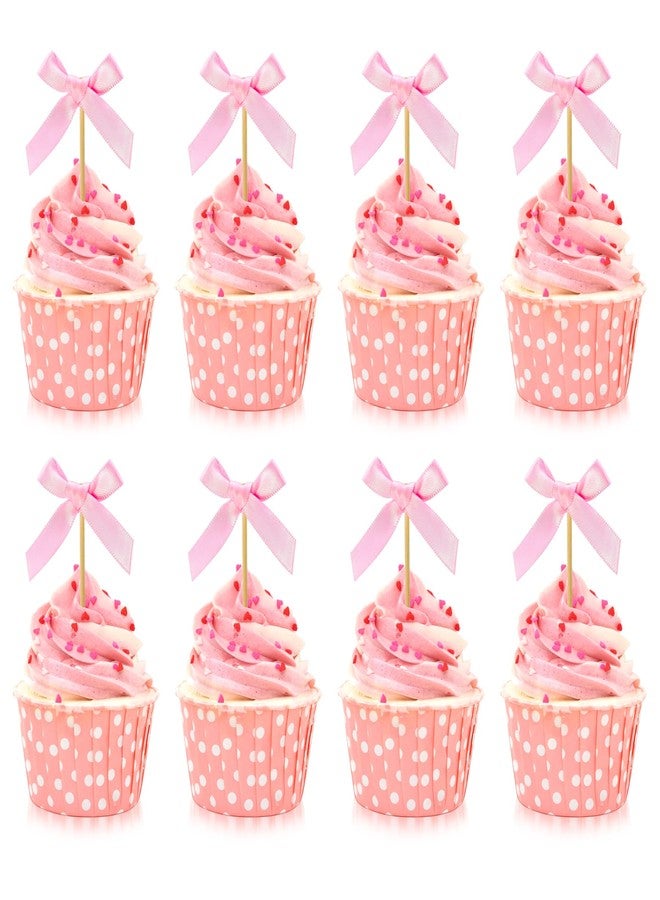 Philbinden 30 Pcs Pink Bow Cupcake Toppers Bow Themed Party Decorations Baby Shower Cupcake Picks for Bridal Baby Shower Girls Birthday Wedding Party Cake Decorations (pink) - Image 1