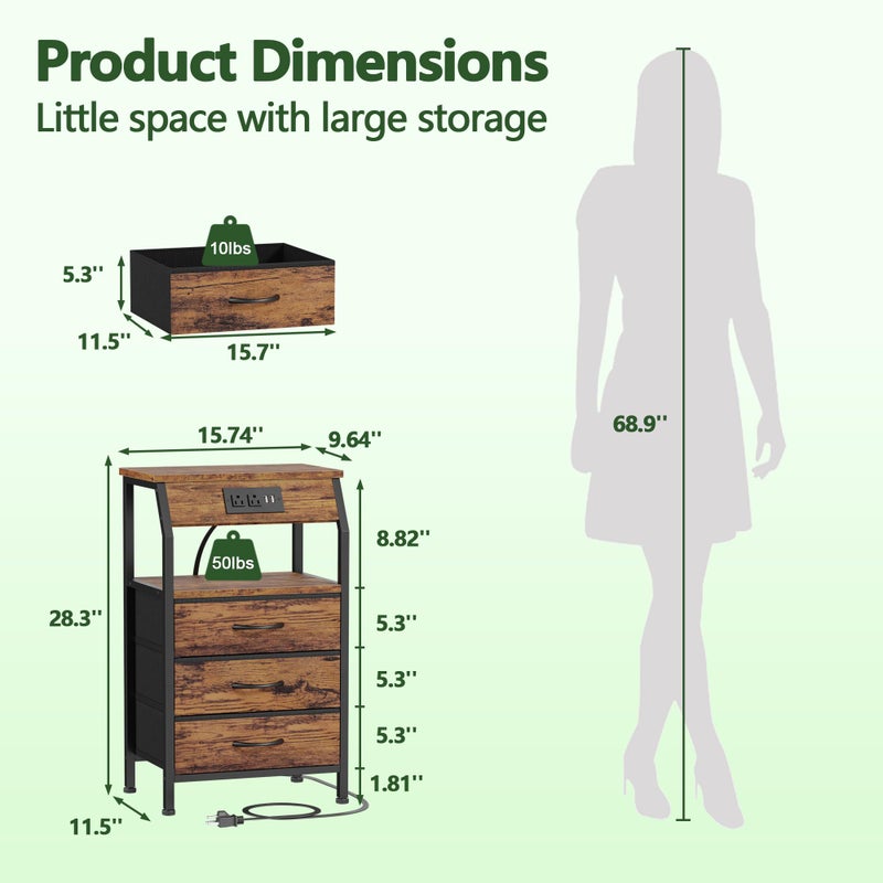 Furnulem Night Stand with Charging Station, USB Ports and Outlets, 28.3 Inch Tall Bedside Table with Wood Shelf, 3 Fabric Drawers Side Table for Bedroom, 3 Ways to Use, Rustic Brown - Image 3