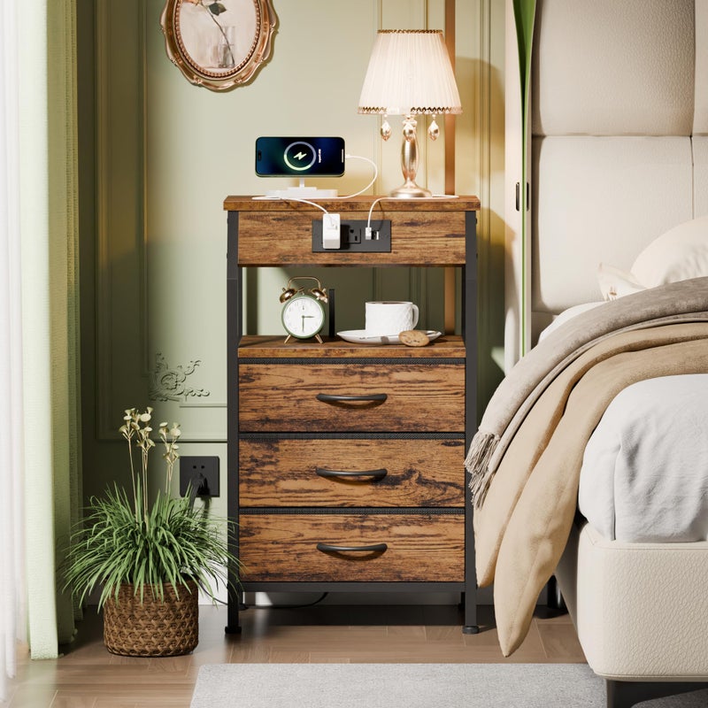 Furnulem Night Stand with Charging Station, USB Ports and Outlets, 28.3 Inch Tall Bedside Table with Wood Shelf, 3 Fabric Drawers Side Table for Bedroom, 3 Ways to Use, Rustic Brown - Image 2