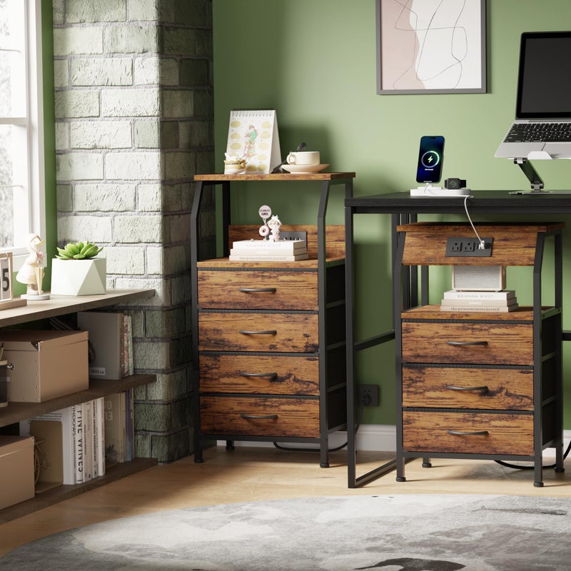 Furnulem Night Stand with Charging Station, USB Ports and Outlets, 28.3 Inch Tall Bedside Table with Wood Shelf, 3 Fabric Drawers Side Table for Bedroom, 3 Ways to Use, Rustic Brown - Image 5