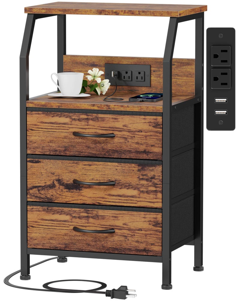 Furnulem Night Stand with Charging Station, USB Ports and Outlets, 28.3 Inch Tall Bedside Table with Wood Shelf, 3 Fabric Drawers Side Table for Bedroom, 3 Ways to Use, Rustic Brown - Image 1