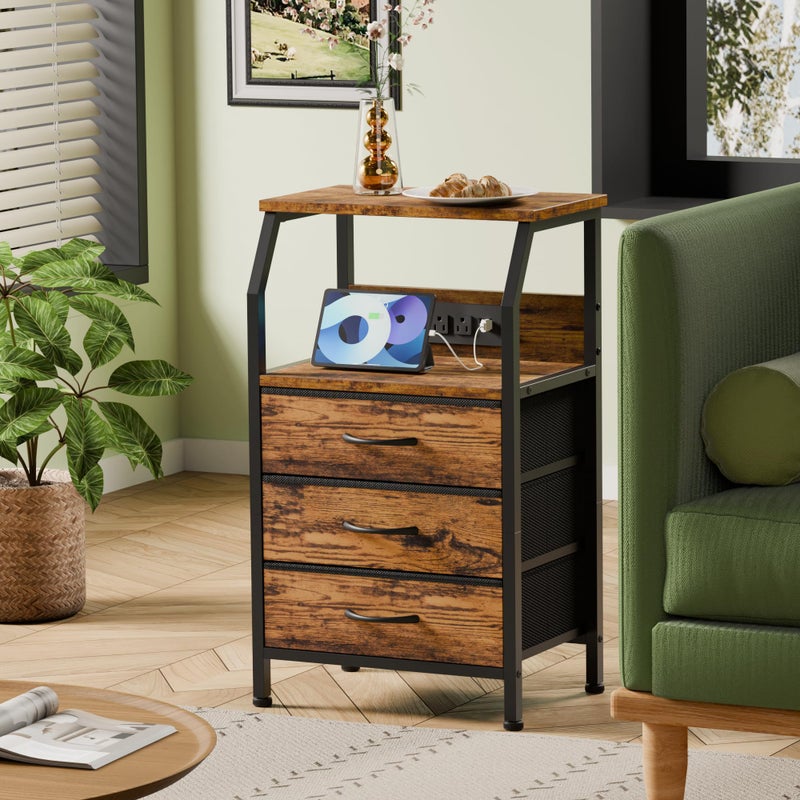 Furnulem Night Stand with Charging Station, USB Ports and Outlets, 28.3 Inch Tall Bedside Table with Wood Shelf, 3 Fabric Drawers Side Table for Bedroom, 3 Ways to Use, Rustic Brown - Image 4