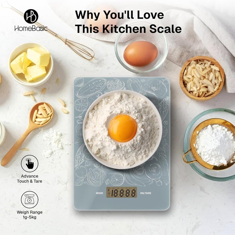 Home Basic ميزان مطبخ رقمي 1غ-5كغ (5 أوضاع وحدات ~ دقة 0.1غ) منصة زجاجية رفيعة، شاشة LCD، زر لمس، وظيفة الطي، ميزان وزن للطعام للطهي والخبز والحمية وصالة الألعاب الرياضية (رمادي) - Image 5