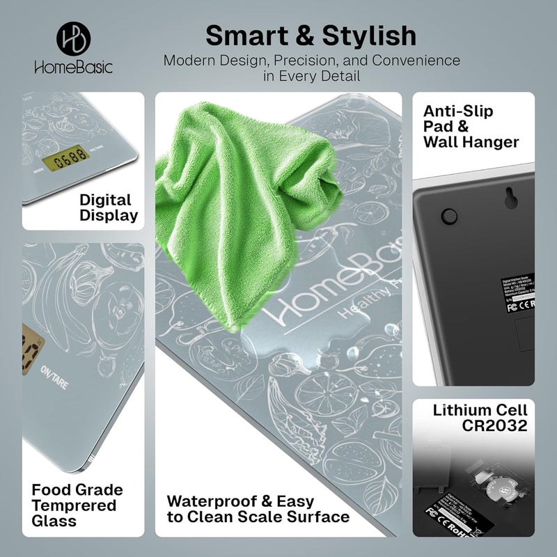 Home Basic ميزان مطبخ رقمي 1غ-5كغ (5 أوضاع وحدات ~ دقة 0.1غ) منصة زجاجية رفيعة، شاشة LCD، زر لمس، وظيفة الطي، ميزان وزن للطعام للطهي والخبز والحمية وصالة الألعاب الرياضية (رمادي) - Image 4