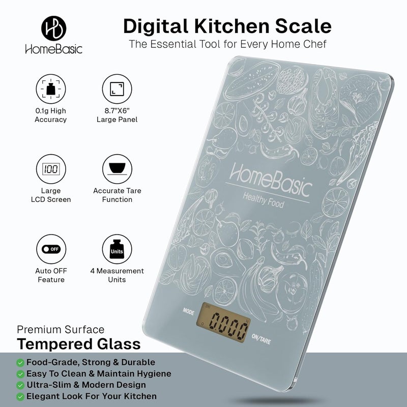 Home Basic ميزان مطبخ رقمي 1غ-5كغ (5 أوضاع وحدات ~ دقة 0.1غ) منصة زجاجية رفيعة، شاشة LCD، زر لمس، وظيفة الطي، ميزان وزن للطعام للطهي والخبز والحمية وصالة الألعاب الرياضية (رمادي) - Image 2