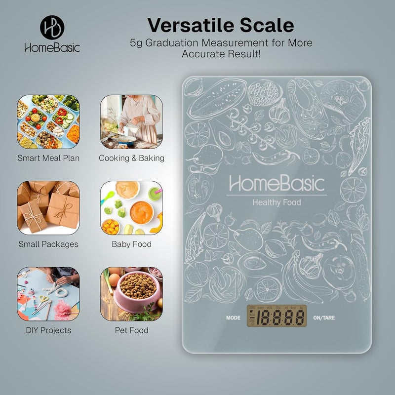 Home Basic ميزان مطبخ رقمي 1غ-5كغ (5 أوضاع وحدات ~ دقة 0.1غ) منصة زجاجية رفيعة، شاشة LCD، زر لمس، وظيفة الطي، ميزان وزن للطعام للطهي والخبز والحمية وصالة الألعاب الرياضية (رمادي) - Image 3