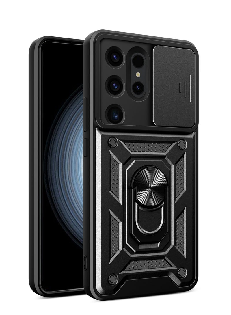 Shunjia Sliding Window Case, Shockproof Rugged Armor with Sliding Camera Cover & 360° Ring Kickstand, Compatible with Samsung Galaxy S24 Ultra (Black)