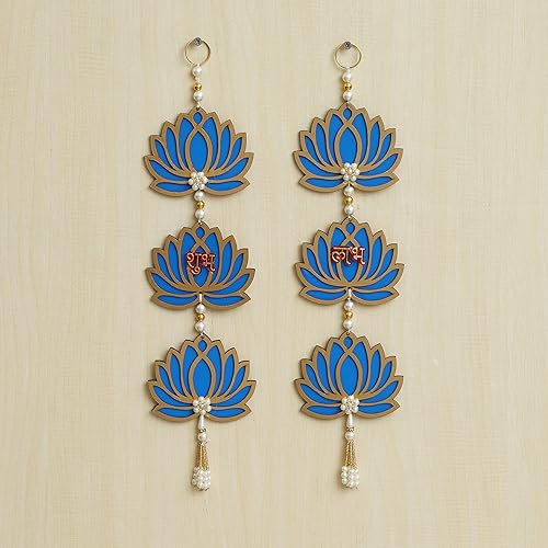 Webelkart Blue Lotus Flower with Shubh Labh Wall Hanging for Diwali Decoration | Temple and Home Decor | Office Wall Hanging (Wood Set of 2) 16 Inches - Image 1