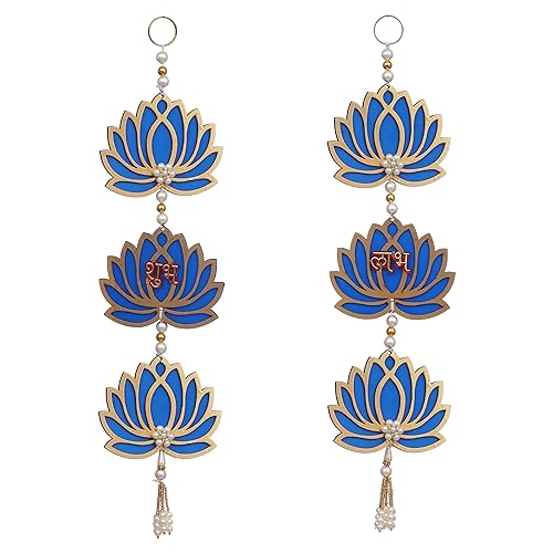 Webelkart Blue Lotus Flower with Shubh Labh Wall Hanging for Diwali Decoration | Temple and Home Decor | Office Wall Hanging (Wood Set of 2) 16 Inches - Image 4