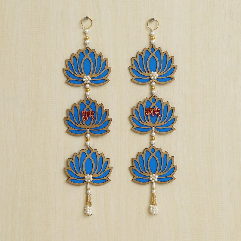 Webelkart Blue Lotus Flower with Shubh Labh Wall Hanging for Diwali Decoration | Temple and Home Decor | Office Wall Hanging (Wood Set of 2) 16 Inches - Image 5