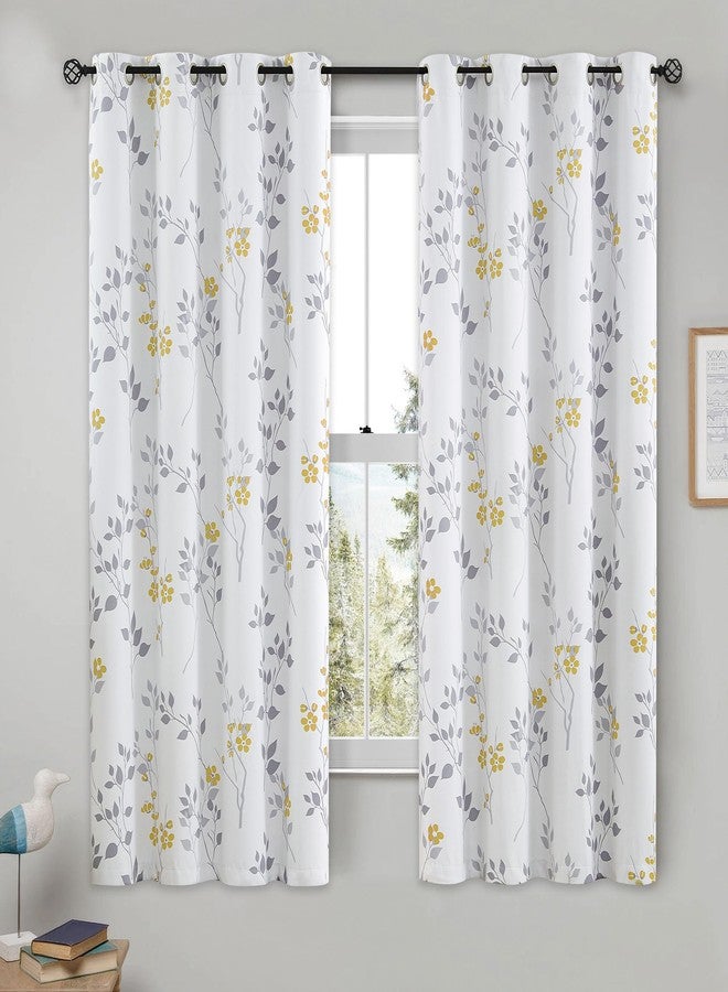 Beauoop Floral 100% Blackout Curtains 54 Inch Length 2 Panels for Bedroom Living Room Yellow Grey and White Flower Patterned Room Darkening Thermal Soundproof Grommet Window Treatments Drapes, 52X54 - Image 1