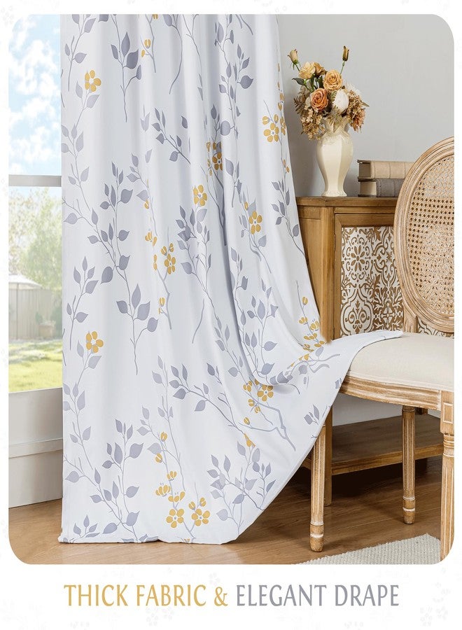 Beauoop Floral 100% Blackout Curtains 54 Inch Length 2 Panels for Bedroom Living Room Yellow Grey and White Flower Patterned Room Darkening Thermal Soundproof Grommet Window Treatments Drapes, 52X54 - Image 4