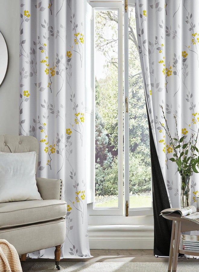 Beauoop Floral 100% Blackout Curtains 54 Inch Length 2 Panels for Bedroom Living Room Yellow Grey and White Flower Patterned Room Darkening Thermal Soundproof Grommet Window Treatments Drapes, 52X54 - Image 5