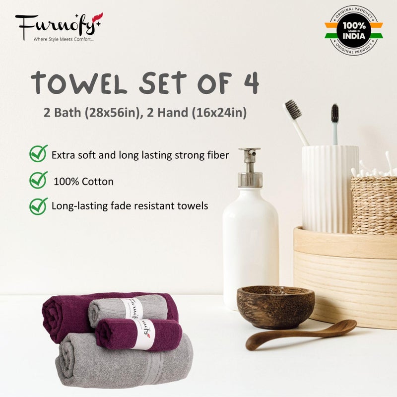 Furnofy 450 GSM Cotton Towel Set of 4, 2 Bath (70x140 cm) 2 Hand (40x60 cm), Highly Absorbent and Soft Bathroom Towels (Pack of 4 - Magenta, Grey) - Image 5