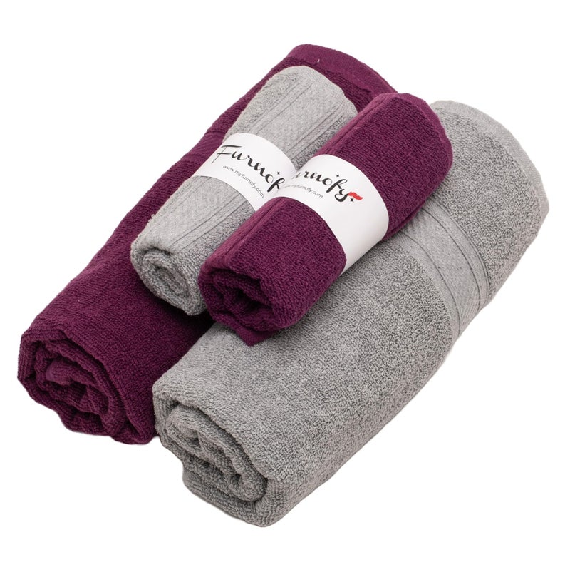 Furnofy 450 GSM Cotton Towel Set of 4, 2 Bath (70x140 cm) 2 Hand (40x60 cm), Highly Absorbent and Soft Bathroom Towels (Pack of 4 - Magenta, Grey) - Image 1