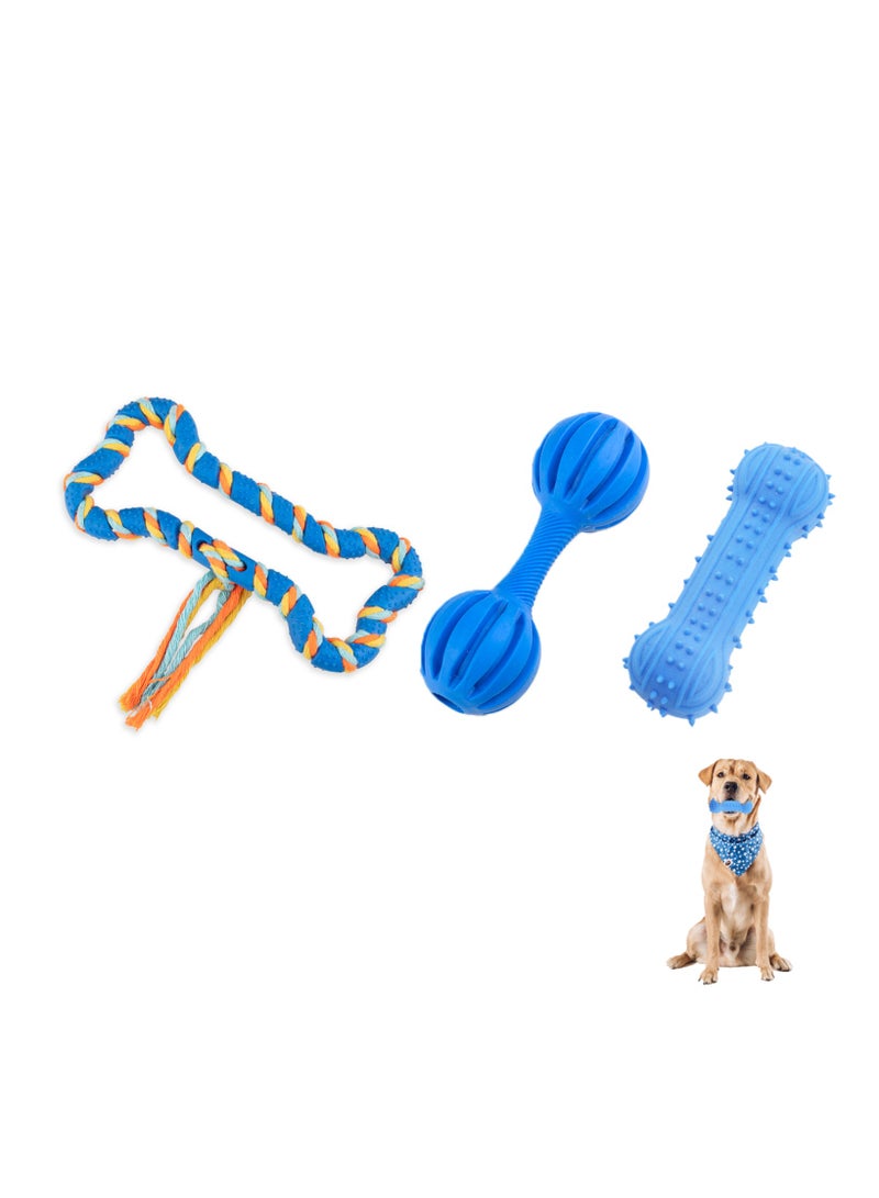 MIIXUER 3-Pack Blue TPR Dog Toy Set – Tug Ring, Squeaky Bone, and Bell Dumbbell for Small and Medium Dogs, Durable and Fun Interactive Play Toys  - Image 1