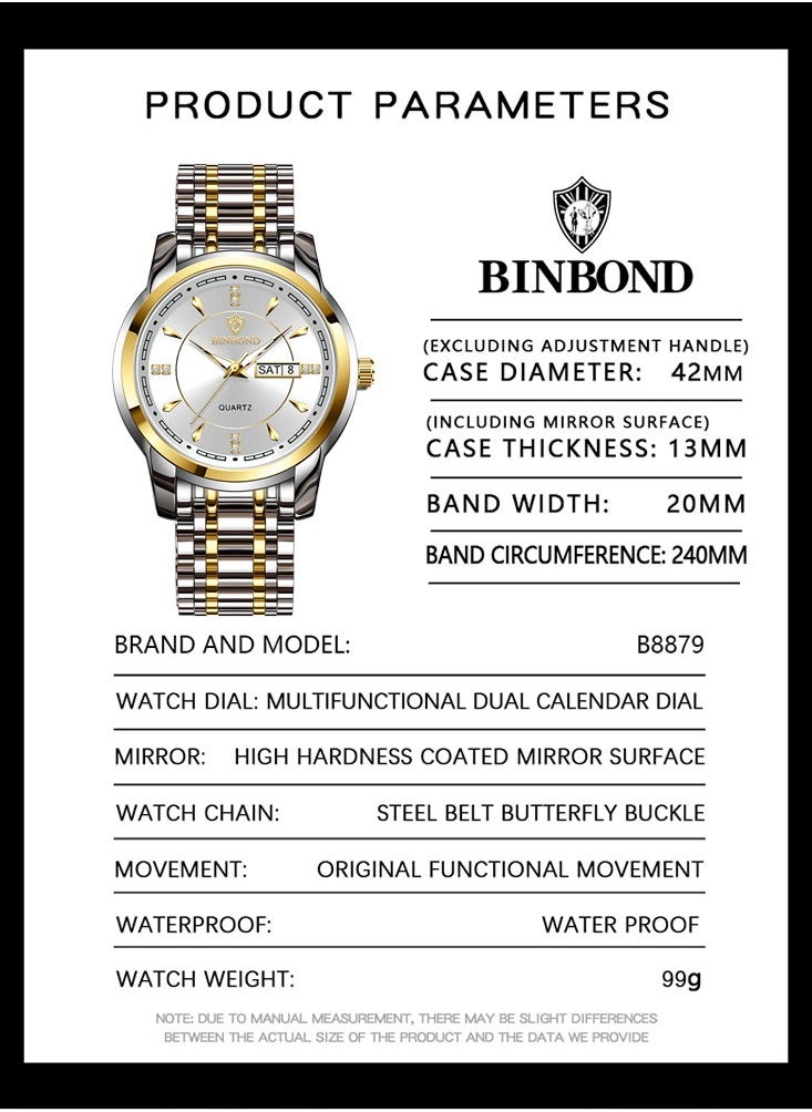 بينبوند BINBOND العلامة التجارية الفاخرة الأعلى رجال الأعمال ووتش كوارتز التقويم المزدوج عرض مؤشر مضيئة للماء الفولاذ المقاوم للصدأ ووتش  - Image 4