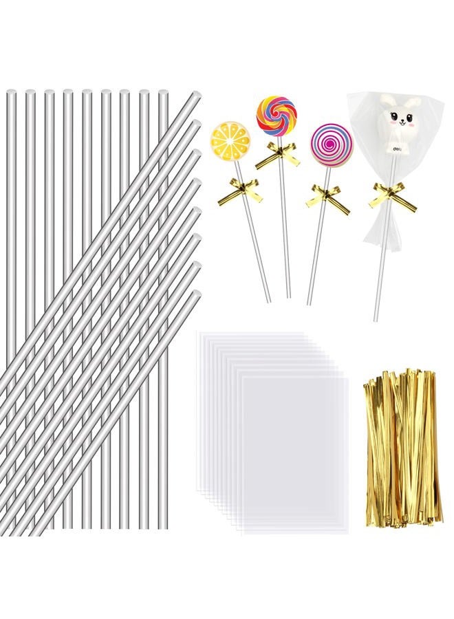 Windspeed 300 PCS Acrylic Cake Pop Sticks and Wrappers Set, Cake Pop Bags with Ties and Sticks Including 100 Pcs 6 inch Clear Sticks for Cake Topper, 100 Pcs Gold Twist Ties and 100 Pcs Lollipop Bags - Image 1