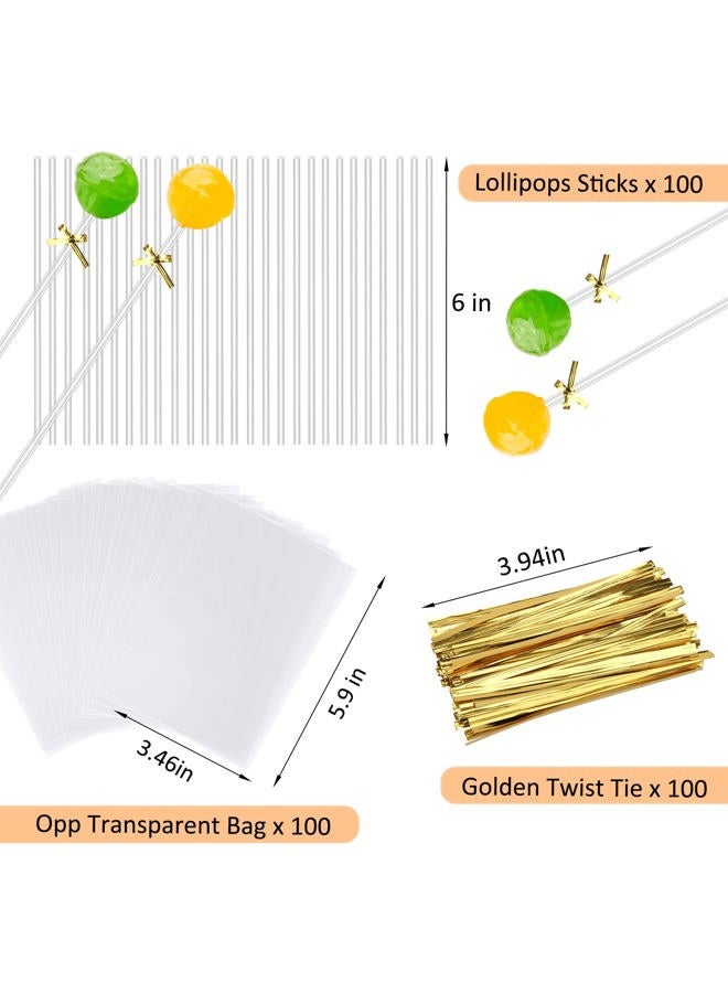 Windspeed 300 PCS Acrylic Cake Pop Sticks and Wrappers Set, Cake Pop Bags with Ties and Sticks Including 100 Pcs 6 inch Clear Sticks for Cake Topper, 100 Pcs Gold Twist Ties and 100 Pcs Lollipop Bags - Image 2
