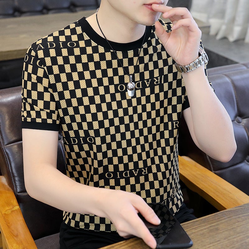 Round Neck Short-Sleeved T-Shirt Men'S Trendy Brand Cut Out Mesh Summer Ice Silk Half-Sleeved Top Elastic Cool Floral T-Shirt Men'S Clothing - Image 3