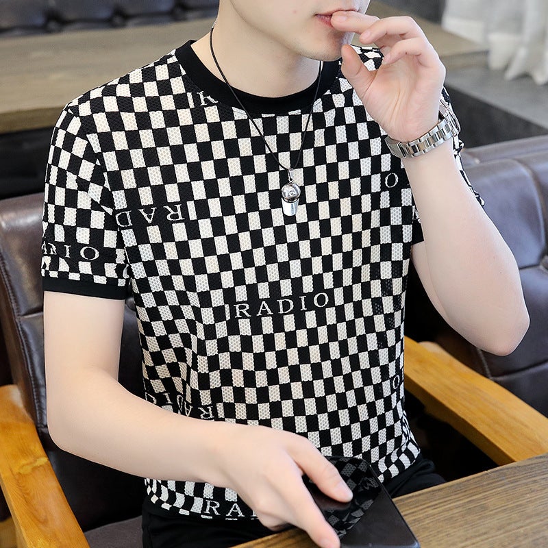 Round Neck Short-Sleeved T-Shirt Men'S Trendy Brand Cut Out Mesh Summer Ice Silk Half-Sleeved Top Elastic Cool Floral T-Shirt Men'S Clothing - Image 1