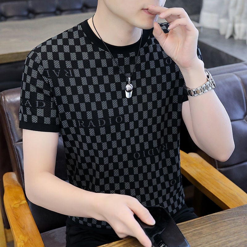 Round Neck Short-Sleeved T-Shirt Men'S Trendy Brand Cut Out Mesh Summer Ice Silk Half-Sleeved Top Elastic Cool Floral T-Shirt Men'S Clothing - Image 2