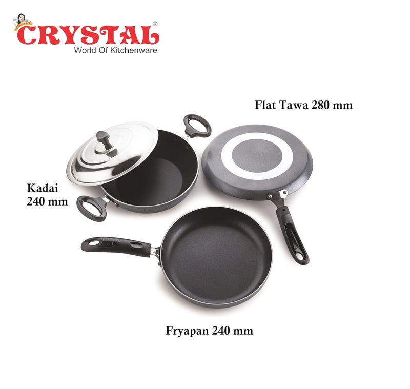 CRYSTAL طقم أواني طهي كريستال غير لاصقة، 4 قطع | مقلاة مسطحة 280 مم | كاداي 240 مم مع غطاء فولاذي | مقلاة 240 مم | سمك 3 مم | طلاء غير لاصق ثلاثي الطبقات | مناسب للملاعق المعدنية | خالي من PFOA | تشطيب مطروق - Image 3