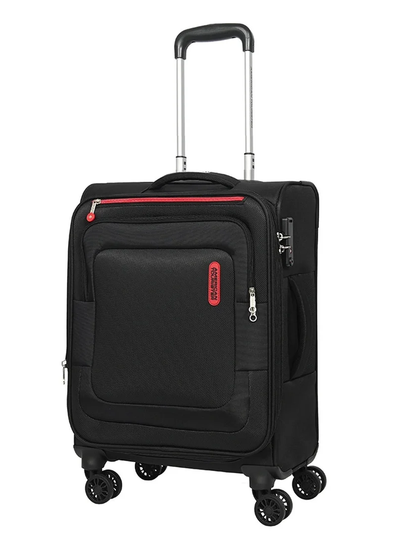 Duncan+ Suitcase, Cabin Size 55 cm / 20 inch, 4 Spinner Wheels, Soft Top, 100% Polyester, Black|Lightweight|Water Resistant Material|TSA Lock|Front Storage Compartment|Expandable - 3 Years International Warranty
