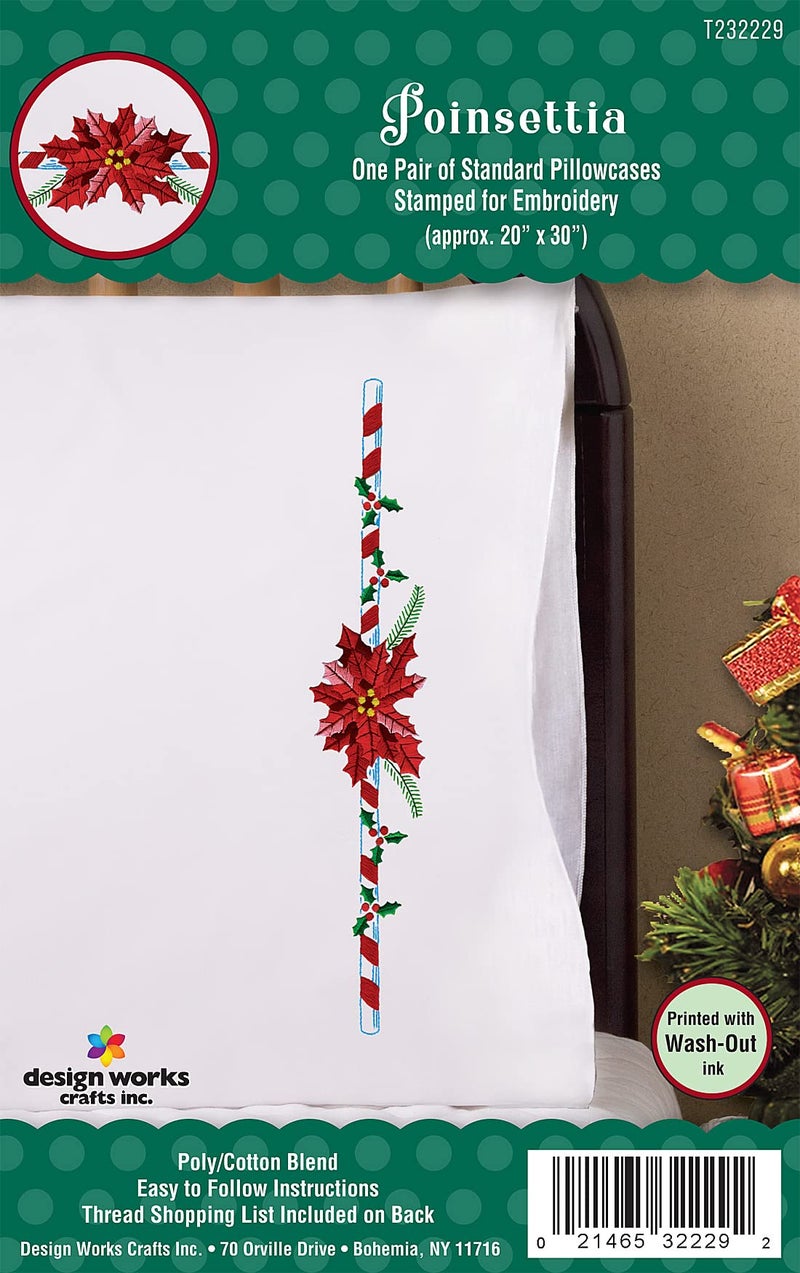 Design Works Crafts Poinsettia Stamped for Embroidery Pillowcases - Image 2