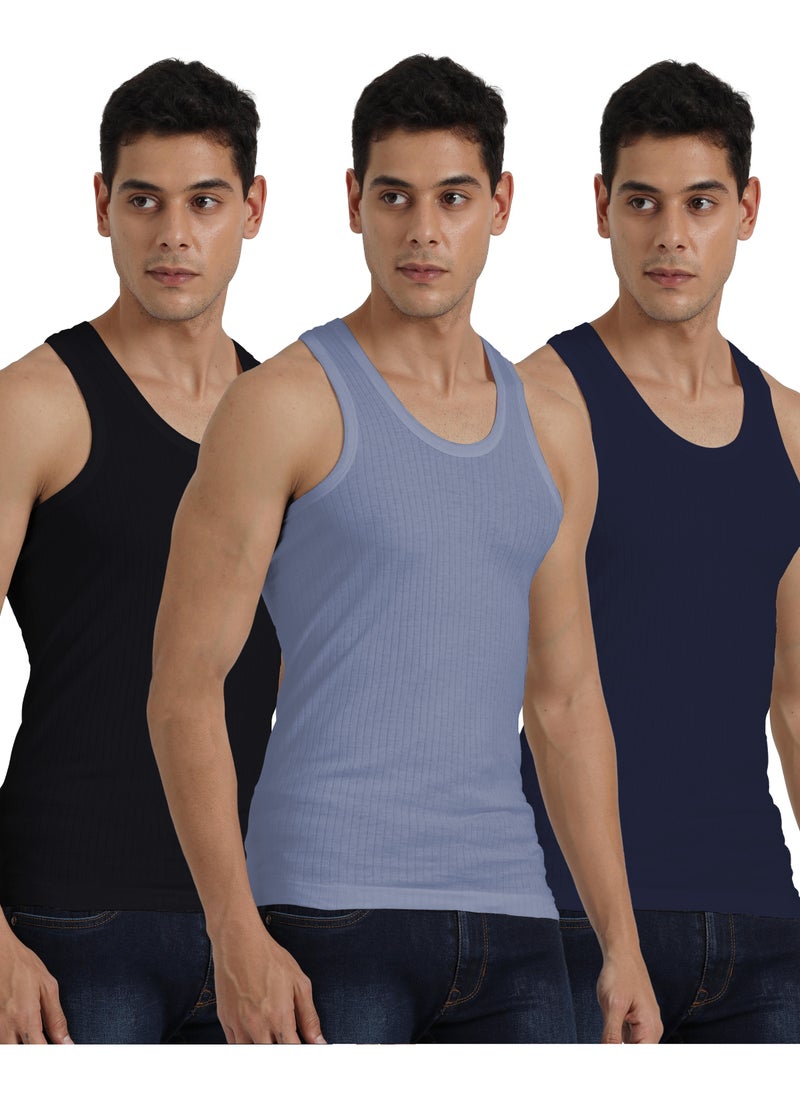 OSCAR JEANS Platinum Collection Double-Knit 100% Cotton Mens Vest Undershirt Tank Top Ultrasoft Breathable Sleeveless Sando Pack of 3  - Image 1