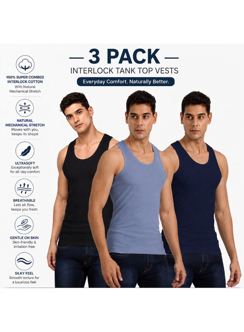 OSCAR JEANS Platinum Collection Double-Knit 100% Cotton Mens Vest Undershirt Tank Top Ultrasoft Breathable Sleeveless Sando Pack of 3 - Image 1