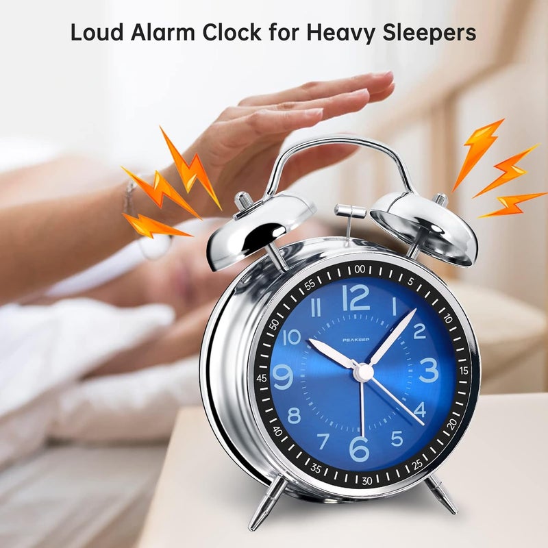 Peakeep Loud Alarm Clock for Heavy Sleepers Adults, Metal 4.5 Inches Twin Bell Battery Operated Analog Alarm Clocks for Bedrooms Decoration (Jewel Blue) - Image 2