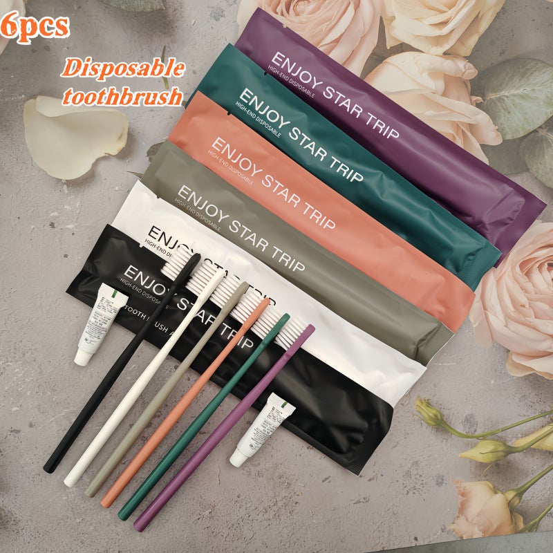 Grey Disposable Toothbrush Set 6 Pack Soft Bristles For Travel Home Hotel - Image 1