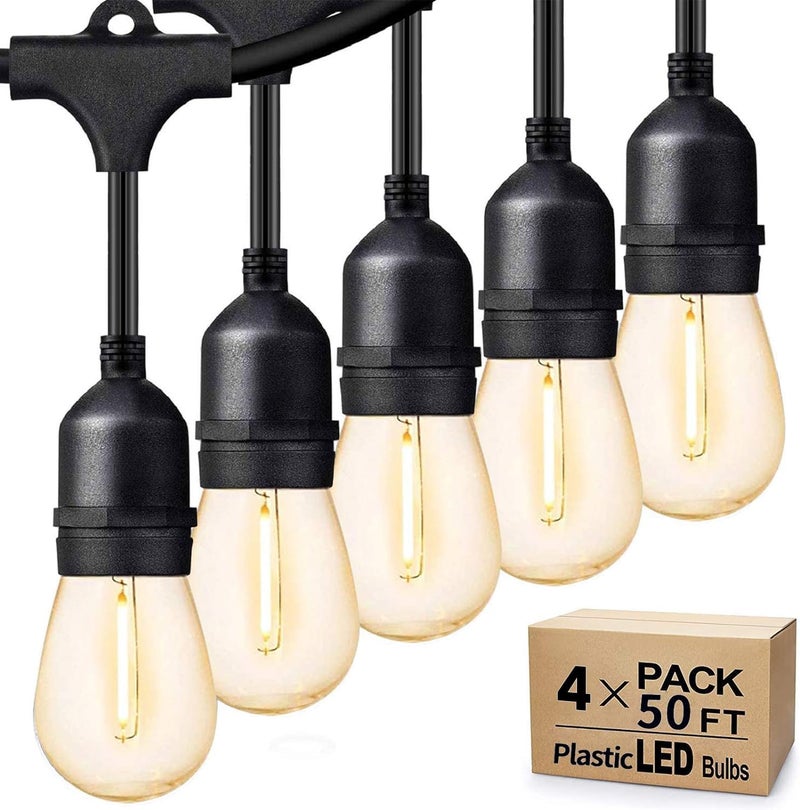 Svater Outdoor String Lights 200 FT, E26 Socket, 64pc S14 Shatterpoof Bulbs, 1 Watt Dimmable 2700K Warm White, IP65 Waterproof Commercial Grade Patio Light (4 Pack X 50FT) - Image 1